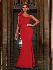 Faeriesty Women's Solid Color Bow Decor Elegant One-Shoulder Fishtail Formal Party Dress - Red - View 4