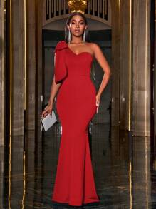 Faeriesty Women's Solid Color Bow Decor Elegant One-Shoulder Fishtail Formal Party Dress - Red - View 2