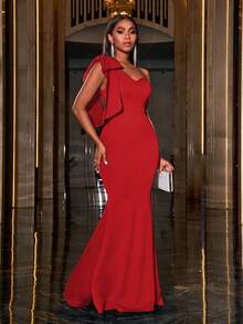 Faeriesty Women's Solid Color Bow Decor Elegant One-Shoulder Fishtail Formal Party Dress - Red - View 5