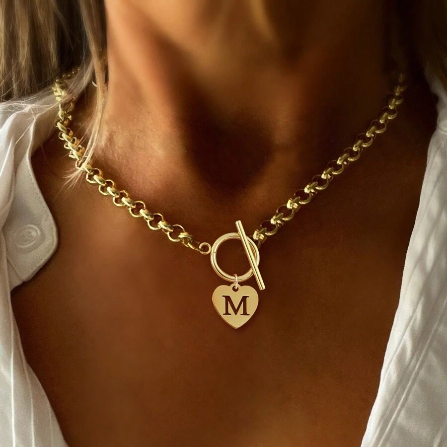 1pc Minimalist Gold Heart Hollow Letter Pendant With T-Clasp And Stainless Steel Chain Necklace, Valentine's Gift For Women - Yellow Gold - View 1