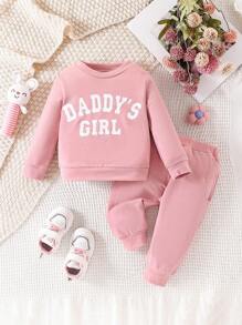 Bộ 2 món/Bộ áo nỉ dài tay in chữ cho bé gái + quần dài thường ngày màu trơn - Hồng - Xem 1