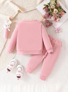 Bộ 2 món/Bộ áo nỉ dài tay in chữ cho bé gái + quần dài thường ngày màu trơn - Hồng - Xem 2