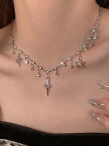 1pc Y2K Four Pointed Star Tassel Necklace For Women Fashion Aesthetic Charm Water Drop Pendant Necklace Jewelry Gift - Silver - View 3