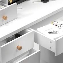 Vanity Desk With Sliding Mirror, Bedroom Dressing Table, Makeup Desk With 6 Drawers, Open Shelves, Hidden Storage Space - White - View 3