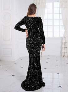 Romagic Damen schwarzes Samtkleid mit Pailletten, Boot-Ausschnitt, Langarm, Maxikleid für festliche Abendveranstaltungen, elegantes Hochzeitsgast Kleid - Schwarz - Übersicht 10