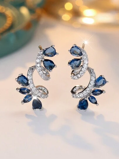 1 Pair Luxury Navy Blue Cubic Zirconia Floral Design Stud Earrings, Durable And Sparkling Accessories For Weddings, Engagements, Parties And Daily Wear