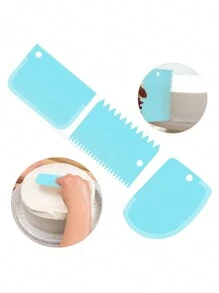 3pcs Cake Scraper, Comb & Smoother Tool Kit - Reusable Icing Sugar Dough Bread Butter Pizza Cutter, Blue