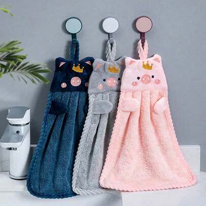 1pc Cute Pink Pig Design Hand Towel, Hanging Absorbent Cloth Rags For Home & Bathroom Use Home Bathroom Decor Fall Decor Back To School