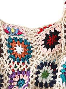 Womens Crochet Tank Top Knit Colorful Floral Embroidery Summer Boho Camisole Hollow Out Top - Màu be - Xem 3