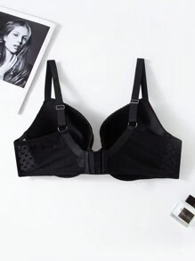 Sujetador de lencería de talla grande para mujer con aros, diseño de contraste de color de malla acolchada y push up para curvas, diseño sexy - Negro - Ver 10