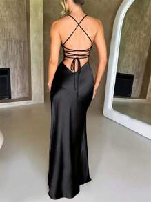 Women's Black Spaghetti Strap V-Neck High Slit Cami Dress Long Dress, Party Dress, Wedding Guest Dress - 黑色 - 查看 2