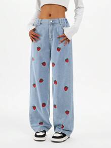 Teen Girl Casual Blue Strawberry Print Loose Wide Leg Jeans, Fashion Straight Jeans - 藍色 - 查看 3