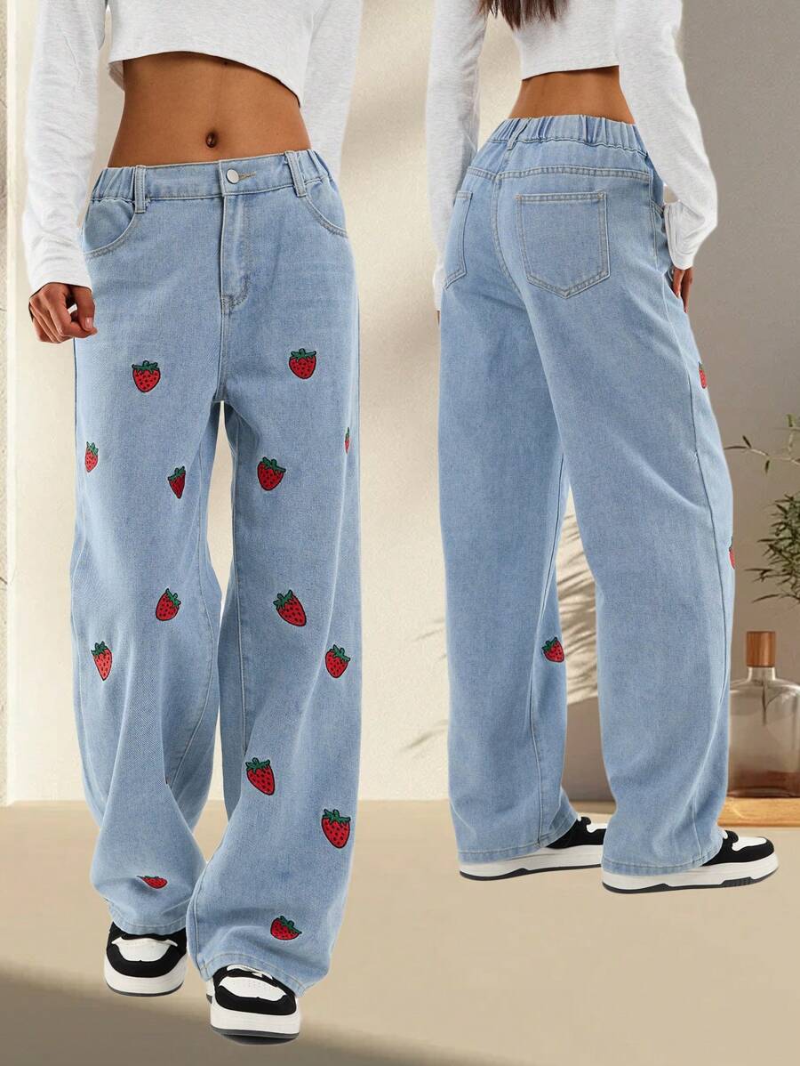 Teen Girl Casual Blue Strawberry Print Loose Wide Leg Jeans, Fashion Straight Jeans - 藍色 - 查看 1
