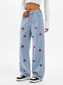 Teen Girl Casual Blue Strawberry Print Loose Wide Leg Jeans, Fashion Straight Jeans - 藍色 - 查看 4