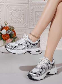 Giày thể thao đế dày Boost Chunky hợp thời trang, Giày chạy bộ lưới thoáng khí mới cho nữ mùa xuân/hè 2024 Giày thể thao thường ngày - Bạc - Xem 2