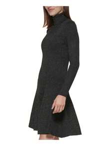 CALVIN KLEIN Womens Knit Long Sleeve Turtle Neck Above The Knee Party Fit + Flare Dress - màu đen - Xem 3