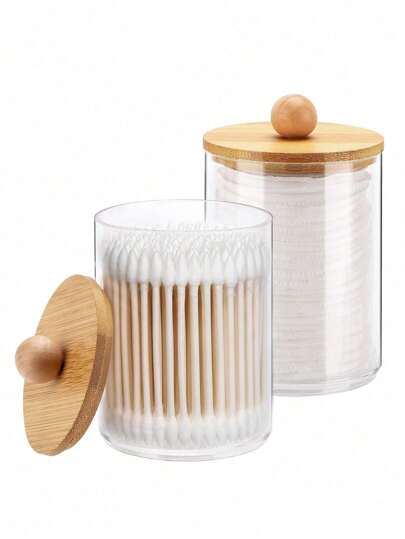 1/2/3/4pcs 10oz Bathroom Organizer Canister, Suitable For Makeup Brushes, Dental Floss, Wipe Pads Dispenser, With Bamboo Lid, Dorm Room, Bathroom Accessories, Room Decor