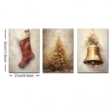 Set Of 3 Unframed Christmas Tree Bell Stocking Rustic Vintage Art Poster Retro Farmhouse Decor Xmas Festival Canvas Painting Print Modern Christmas Holiday Wall Picture For Dorm,Living Room,Bedroom,Apartment,Home Decoration