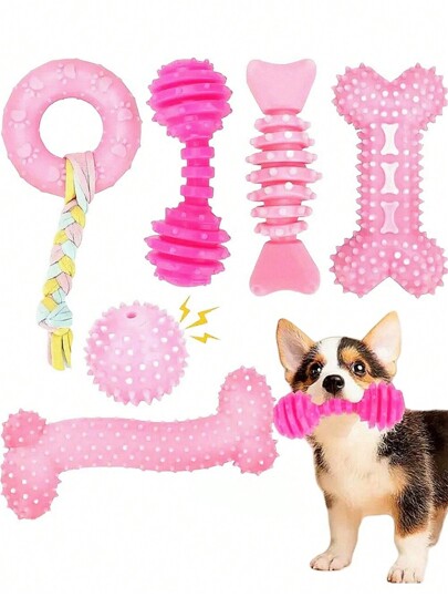 4pcs Dog Chew Toys Set, Suitable For Puppies, Cute Pink Small Dog Toys, Puppy Teething Toys, Soft Interactive Chewing Toys, Fit For Small Dogs