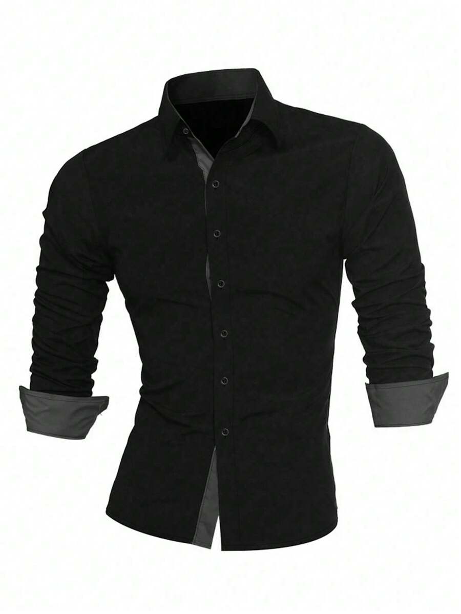 Men's Casual Commuter Color Block Button-Up Long Sleeve Shirt - Black - View 1
