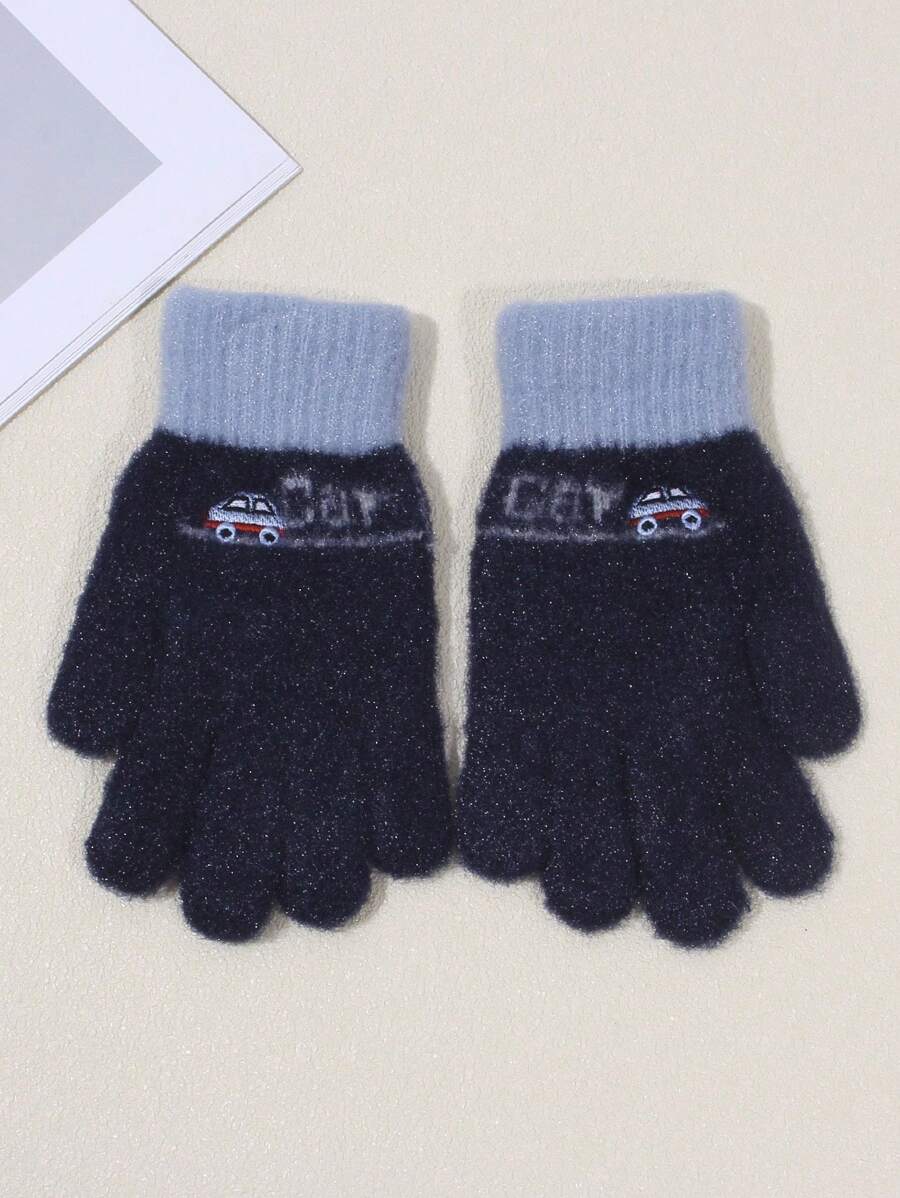 1 cặp 2024 Găng tay nhung ấm áp họa tiết ô tô thêu mới cho bé trai, mùa đông - Màu xanh bụi bặm - Xem 1