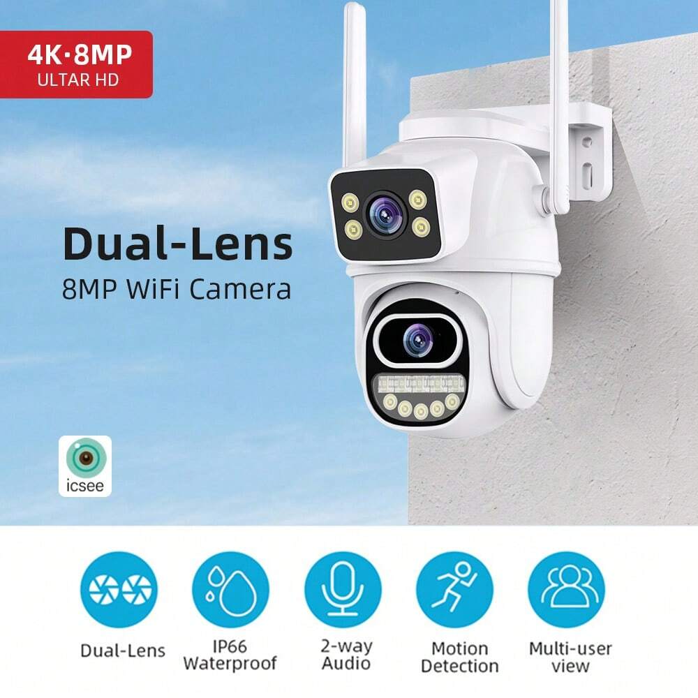 Caméra de surveillance WiFi 4K 8MP, double objectif avec détection