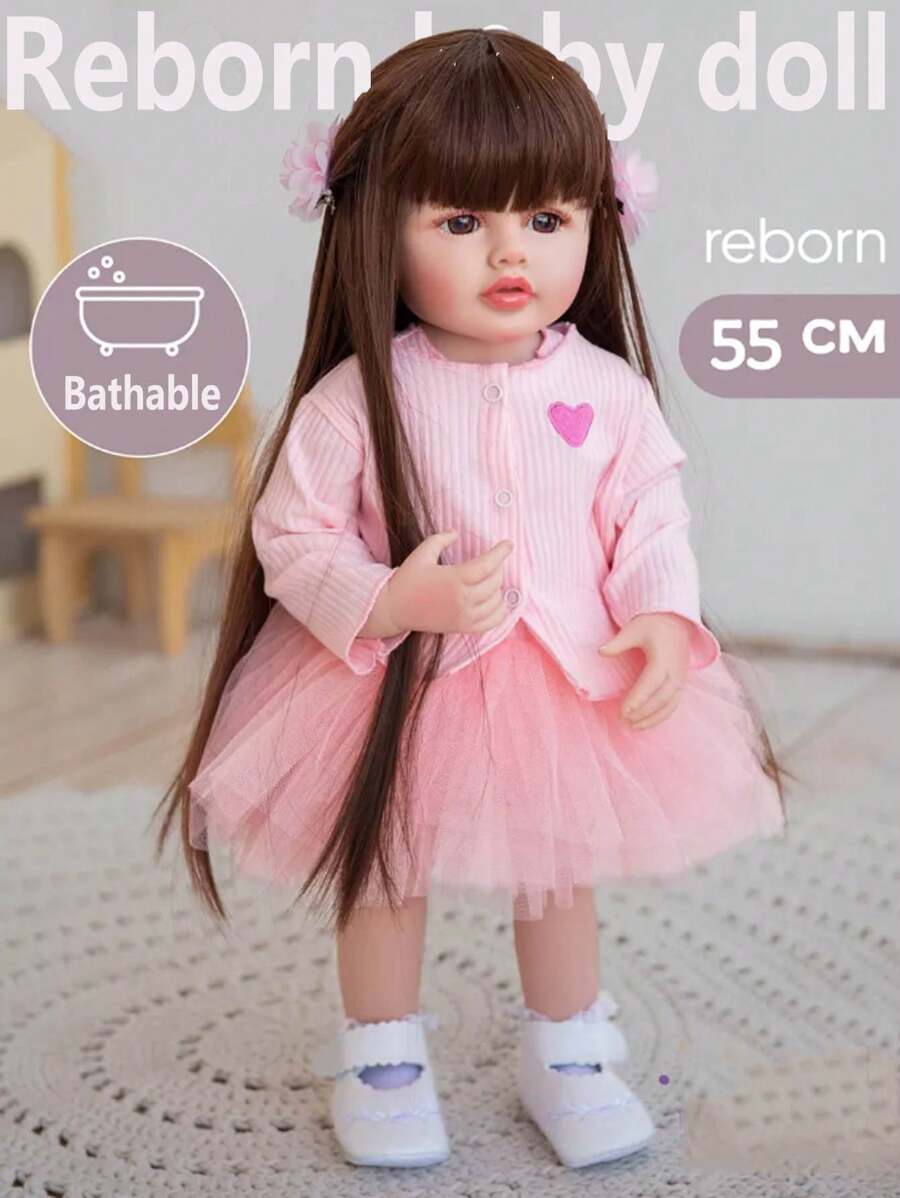 Búp bê em bé tái sinh 22 inch/55cm: Toàn thân bằng nhựa vinyl với mái tóc dài màu nâu, Đồ chơi trẻ sơ sinh cho bé gái, Đồ chơi công chúa đi kèm - Hồng - Xem 1
