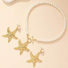 1 套时尚海星项链和耳环首饰套装，经典欧美风格别致精致海滩珍珠颈链，适合女士 - 金黃色 - 查看 4