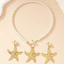 1 套时尚海星项链和耳环首饰套装，经典欧美风格别致精致海滩珍珠颈链，适合女士 - 金黃色 - 查看 3