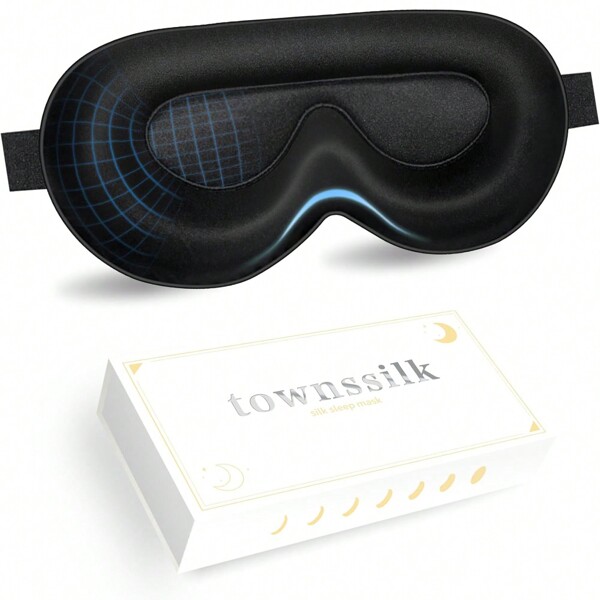 Máscara para dormir 3D Townsslik, seda de morera de lujo de doble cara de 19 mm, sin interferencia con las pestañas, cómoda para los ojos, correa ajustable para los hombros, adecuada para hombres, mujeres y niños, color negro