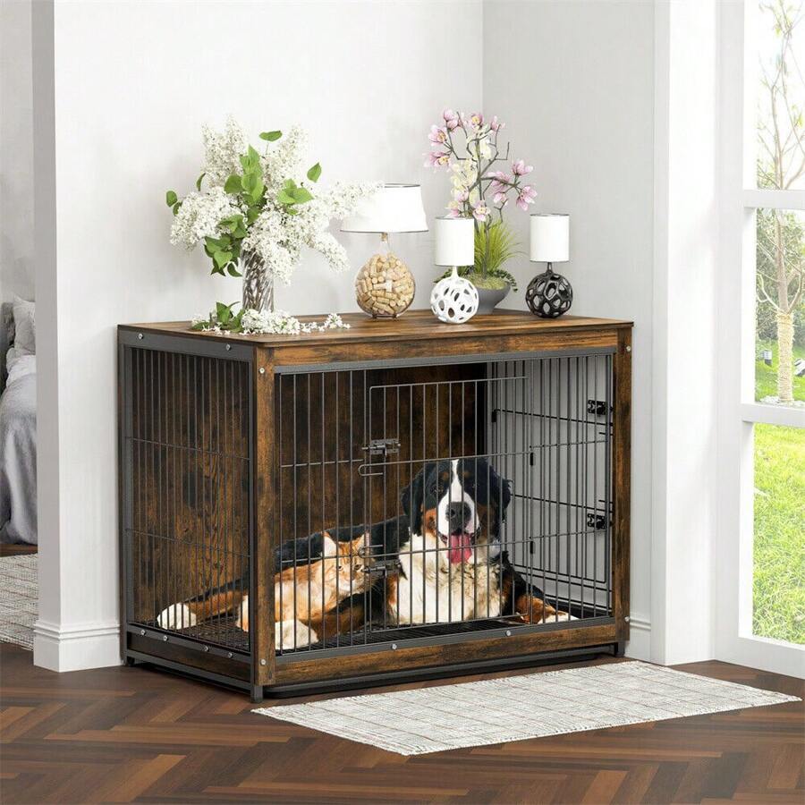 Large Dog Crate Wooden Kennel Heavy Duty Cage With Tray End Table Pet