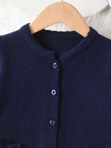 Girls & Baby Girls Solid Color Bow Round Neck Cardigan, Cute For Casual Vacation, Suitable For Spring, Autumn And Winter - Navy Blue - View 2