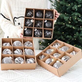 Set Of 9 Painted Transparent PET Christmas Balls, Exquisite & Elegant Christmas Ornaments, Suitable For Christmas Tree Accessories, Pendants, Holiday Decorations