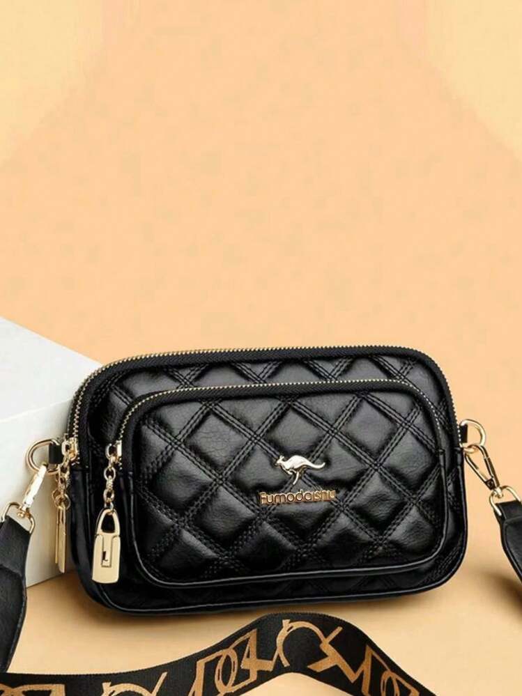 New Fashion Classic Versatile Solid Color PU Waterproof Material Rhombus Pattern Design Retro Metal Animal Logo Decor Shoulder Bag - Black - View 2