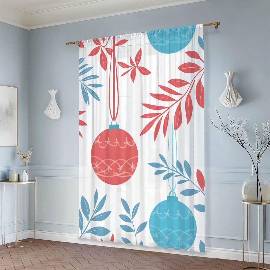 1 件，圣诞球，叶子，印花薄纱窗帘，家居装饰纱布窗帘，适用于卧室、客厅、餐厅、书房、家居装饰、圣诞快乐、圣诞礼物 - 彩色 - 查看 1