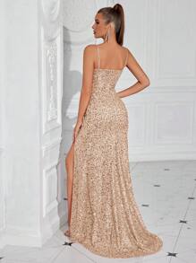 Elisanya Robe de soirée de banquet avec plissé à la taille, fente haute et bretelles spaghetti pailletées. Robe pour invité de mariage, robe de cérémonie, robe de soirée - Champagne - Voir 2