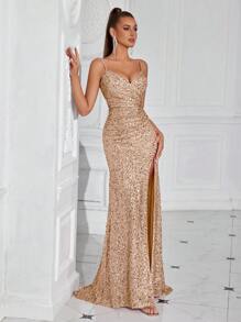 Elisanya Robe de soirée de banquet avec plissé à la taille, fente haute et bretelles spaghetti pailletées. Robe pour invité de mariage, robe de cérémonie, robe de soirée - Champagne - Voir 3