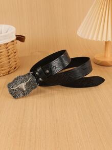 1pc Cowboy Style Embossed Western PU Leather Belt, Casual Bohemian Rivet Decor Belt, Fashionable, Suitable For Young People In All Seasons Summer, School