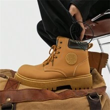 男士高帮靴户外徒步防水皮靴，冬季黑色踝靴 - 黃色 - 查看 4