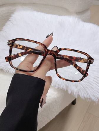 1pc/2pcs Unisex Plastic Large Frame Square, Retro Leopard Print Casual Fashion Classic Commuter Women Black Flat Lens Glassesng Flattering, Christmas Fashion Accessory Shades