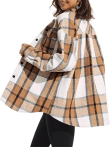 Women's Plaid Drop Shoulder Long Sleeve Utility Pocket Shirt, Autumn,Long Sleeve Tops