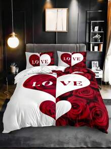 3 件套玫瑰心形字母羽绒被套套装（1 件羽绒被套不含被子，2 件枕套不含枕芯），高清印花，适合居家和宿舍 - 彩色 - 查看 7