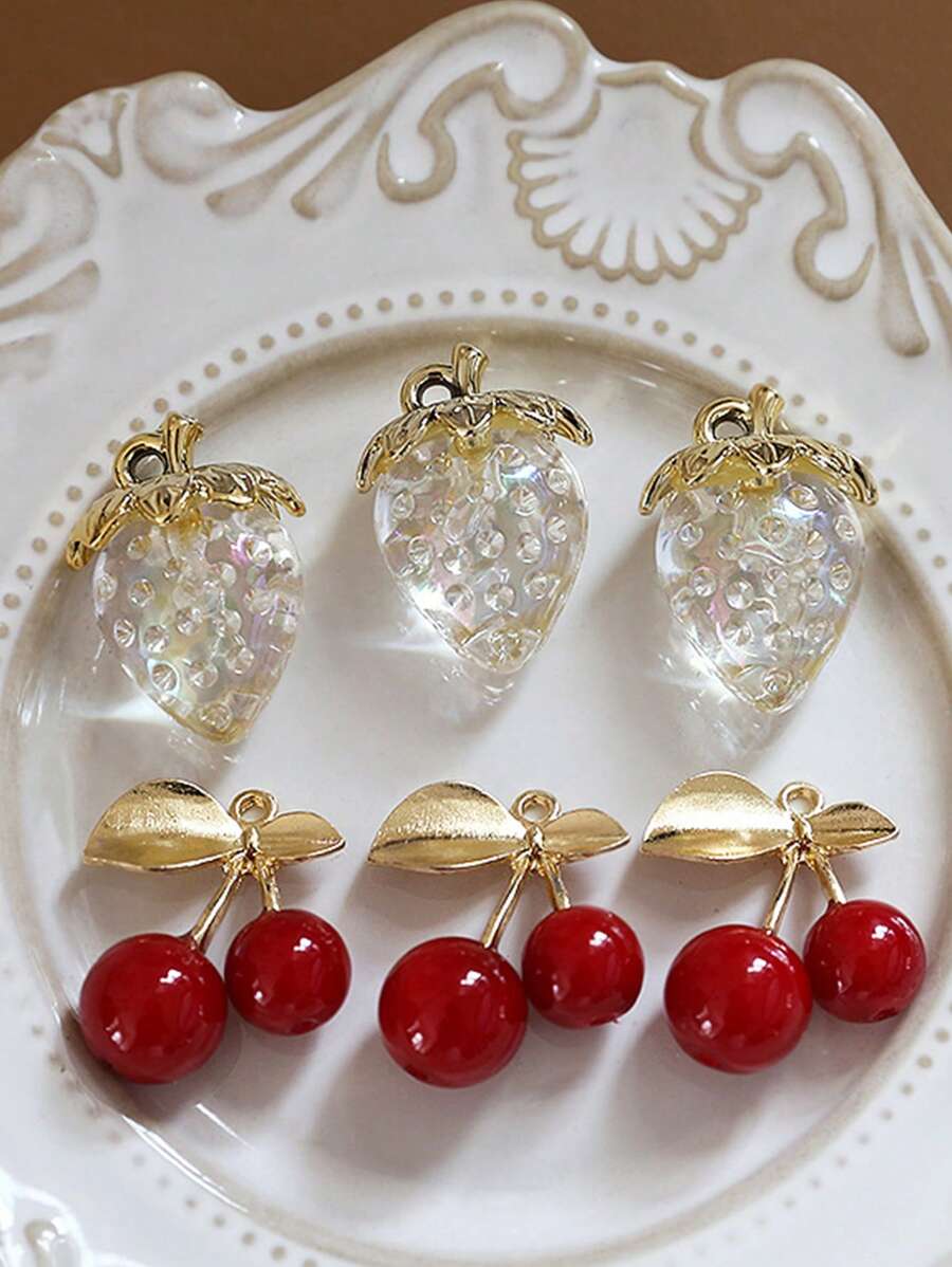 3pcs Cute Semi-Transparent 3D Strawberry & Cherry Pendant For DIY Jewelry, Earrings Supplies