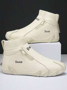 男士高帮皮革摩托车靴，时尚皮革防水中筒靴，拉链开合，时尚户外踝靴 - 米色 - 查看 4