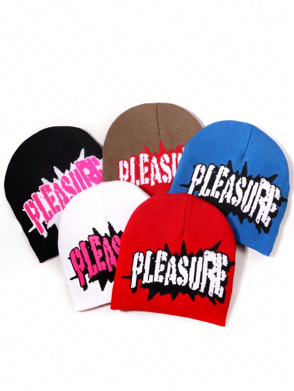 1pc Unisex Pleasure Letter Graphic Patchwork Acrylic Beanie, Streetwear Casual Warm Winter Hat, Suitable For Daily Use