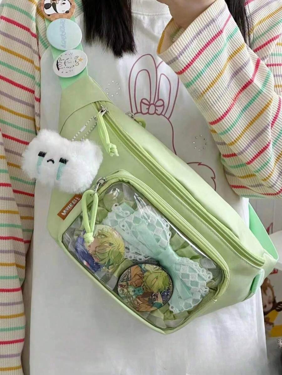 可爱日本 Itabag 女学生胸包 Y2K 女士 Lolita 可爱斜挎包女孩透明 Itabag 钱包和手提包腰包 Ita 包单肩包，街头和日式风格女包 - 綠色 - 查看 1