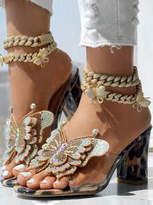 女士透明条纹水晶珍珠蝴蝶设计粗跟便鞋 - 豹紋 - 查看 5