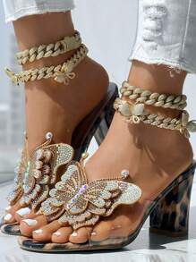 女士透明条纹水晶珍珠蝴蝶设计粗跟便鞋 - 豹紋 - 查看 2