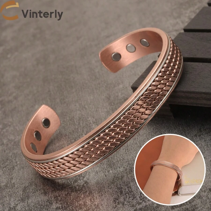Twisted Pure Copper Bracelets Men Magnetic 12mm Wide Handmade Braided Health Energy Bangles Benefits Adjustable Open Cuff Jewelry Resizable
