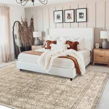 Area Rug Washable Carpet For Living Room, Large Low Pile Print Vintage Rug Anti-Slip Stain Resistant Floral Carpet, Indoor Distressed Retro Floor Carpet For Bedroom Dining Room Office - Màu be - Xem 3